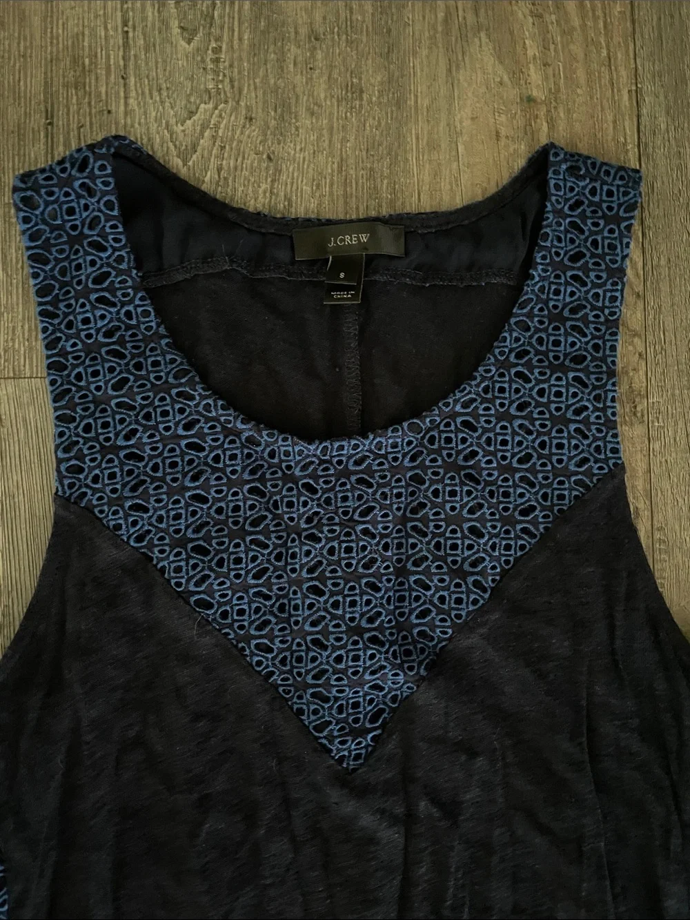 J. Crew blue & black semi-sheer eyelet top